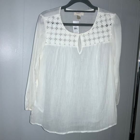 Loft Petites cotton boho eyelet lace yoke top Sz XSP 3/4 sleeves lightweight New - Picture 1 of 6